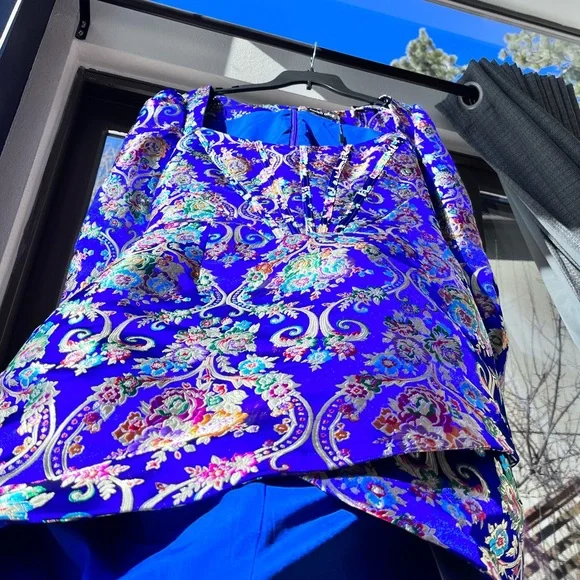 Lavish Alice: Jacquard Corset Embroidered Chinese Cobalt Wrap Mini Dress - Picture 11 of 13